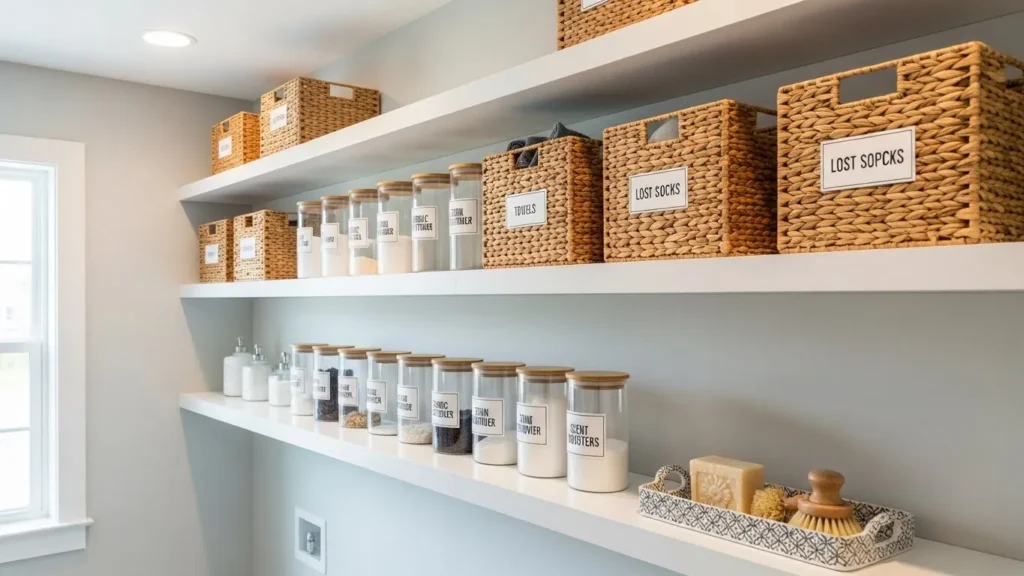 Labeled containers organizing supplies in a small laundry room