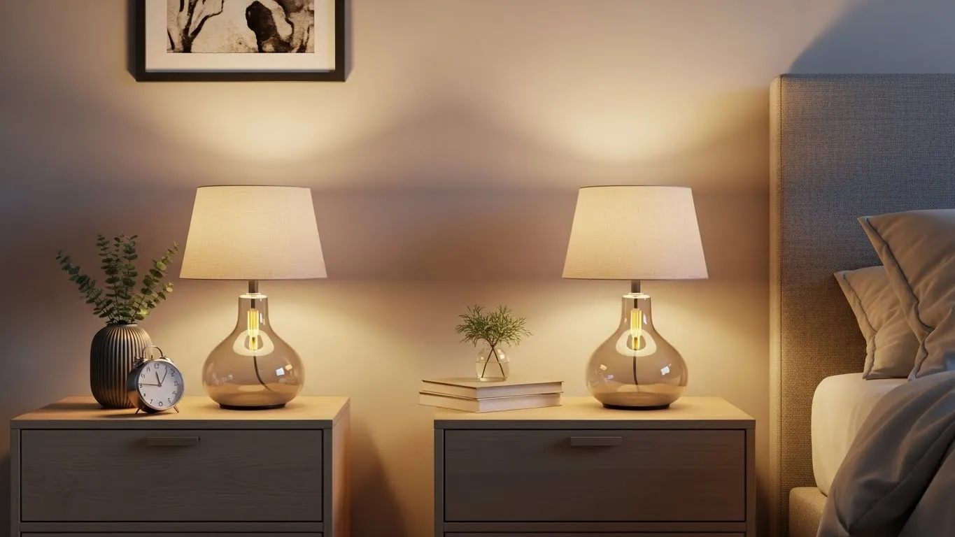 Bedside table lamps with warm lighting for a cozy and functional bedroom
