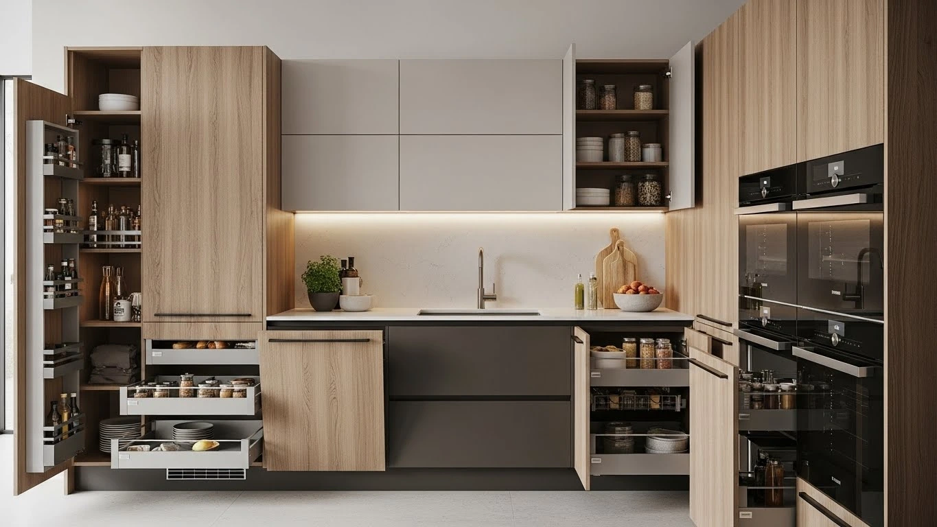 Modern kitchen featuring 2026 kitchen cabinet ideas with smart storage, luxury finishes, and contemporary design trends