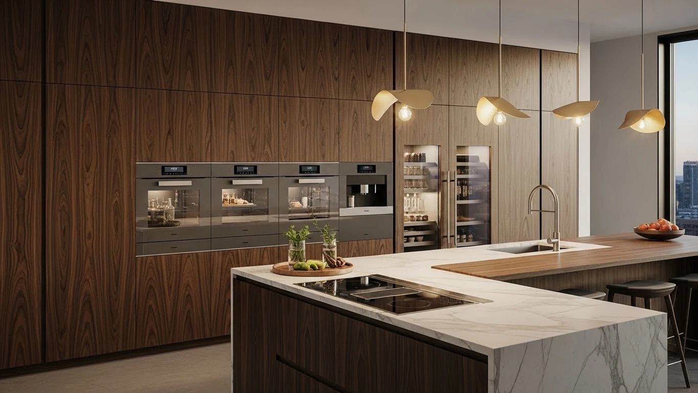 Custom kitchen cabinet wall with seamless storage and integrated appliances