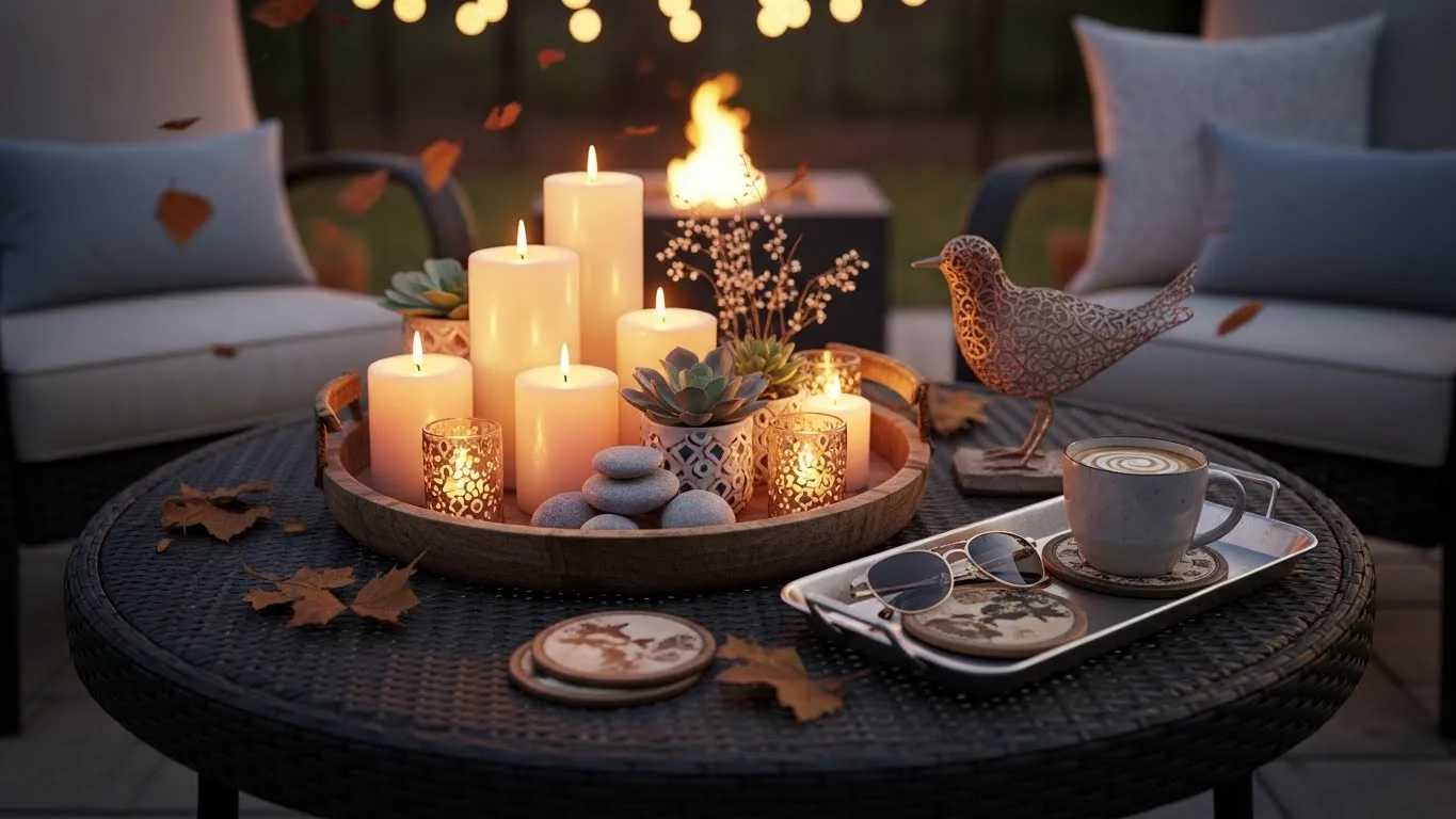 Outdoor patio accessories styled with decorative trays