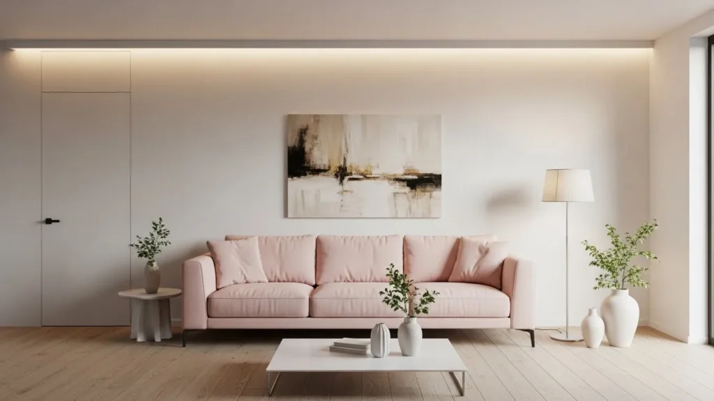 Pale pink sofa styled as a neutral centerpiece in a modern living room