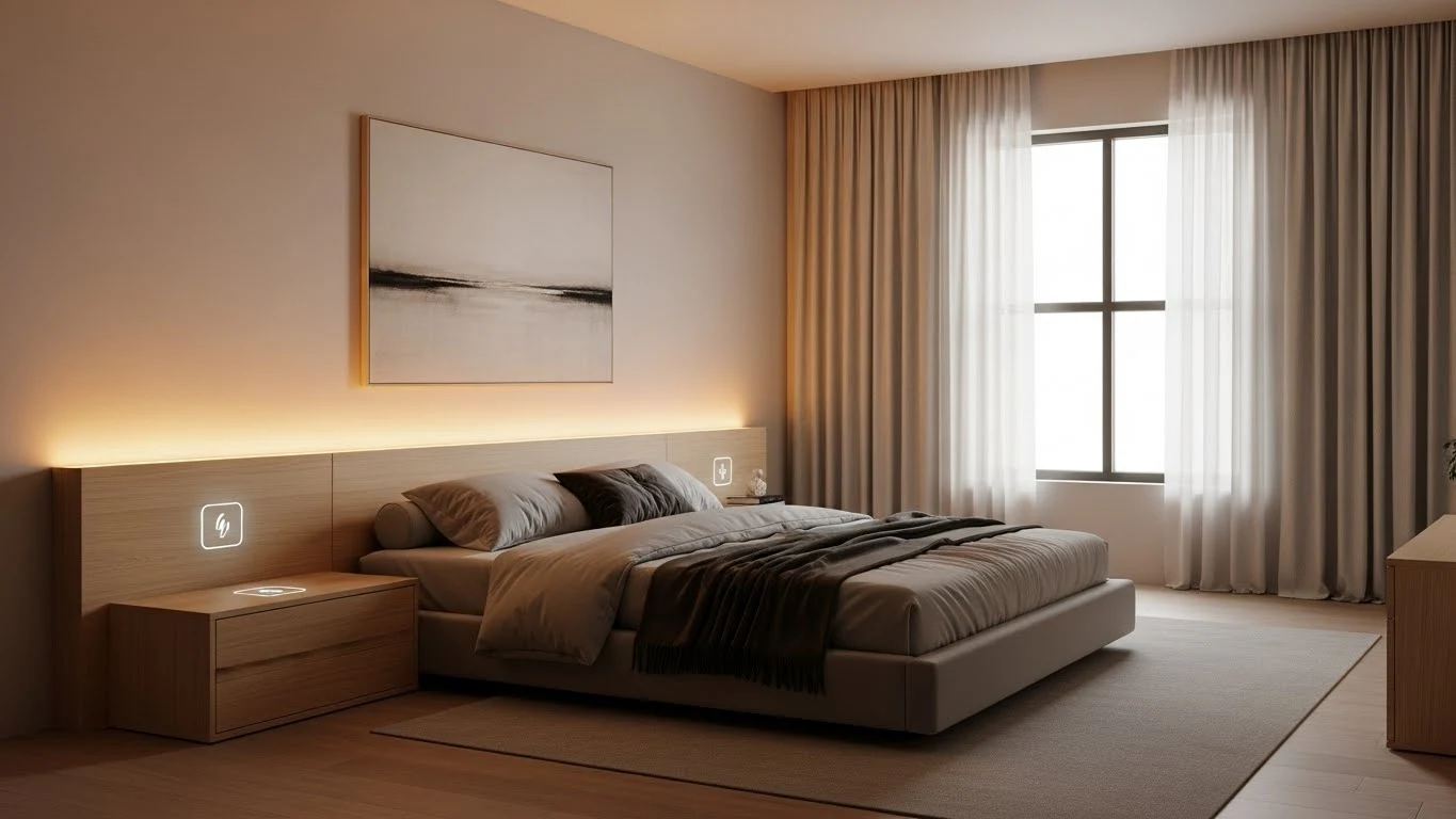 Modern bedroom with hidden technology like wireless charging and subtle smart lighting for a clutter-free look.