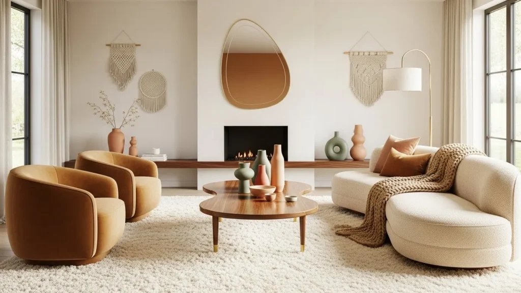 Mid-century modern living room with curved furniture and organic shapes