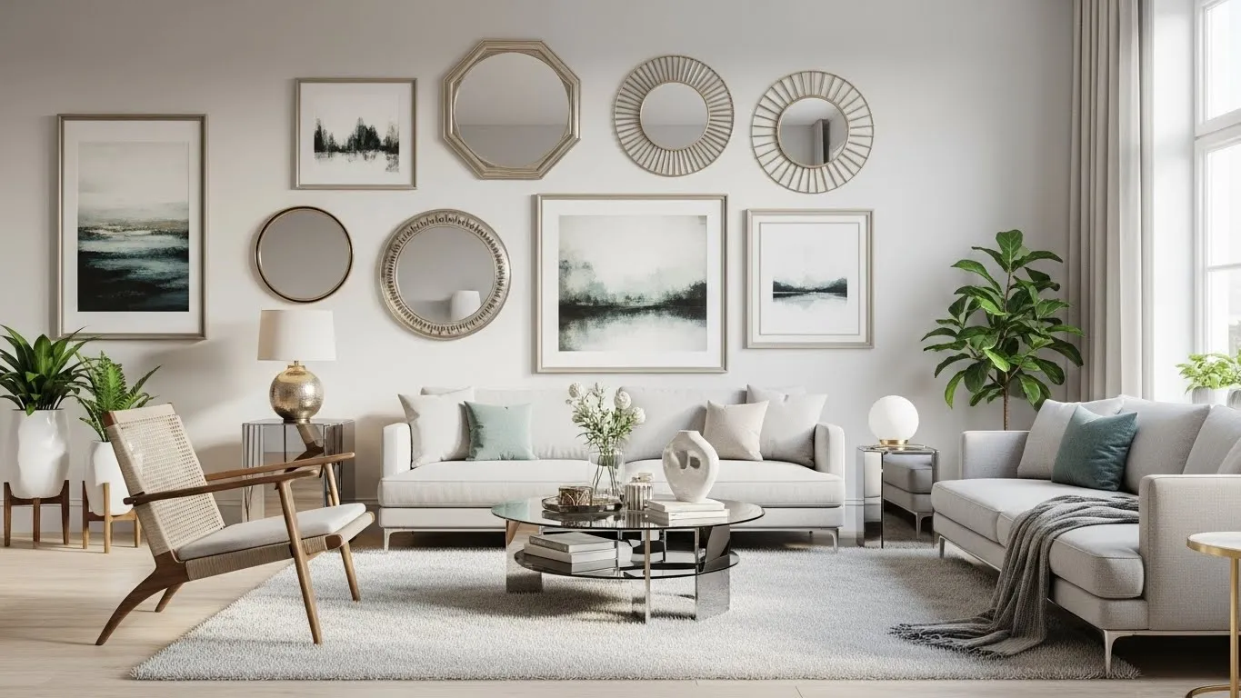 living room with a gallery wall combining mirrors and artwork for added dimension.