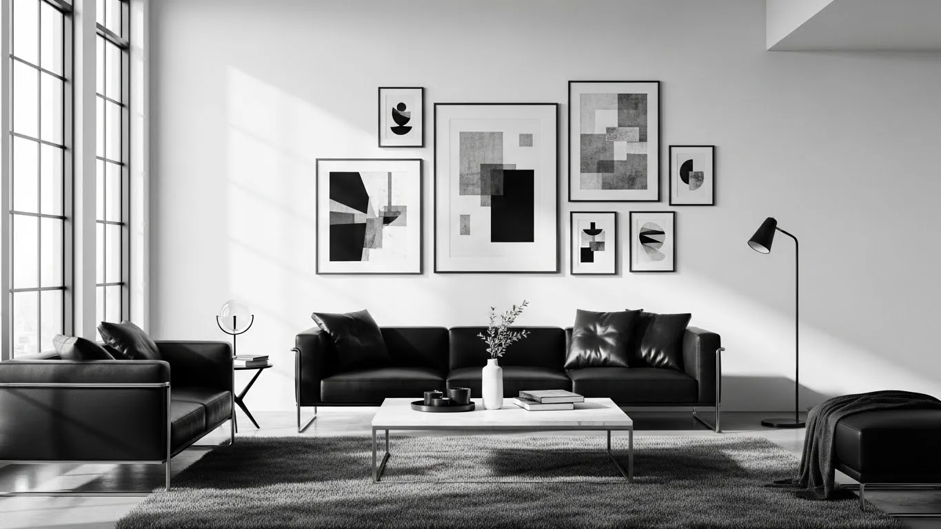 Modern living room with black-and-white minimalist gallery wall and stylish contemporary