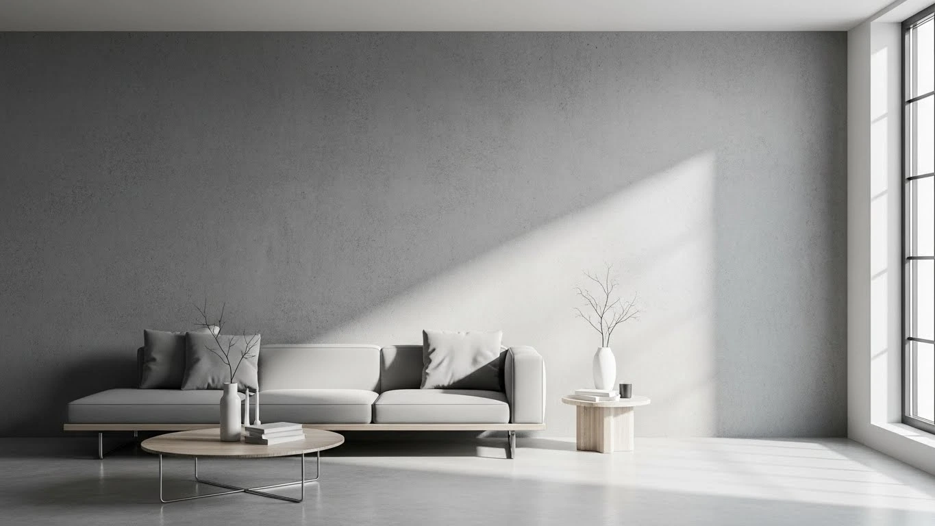 Concrete-style accent wall in minimalist modern living room