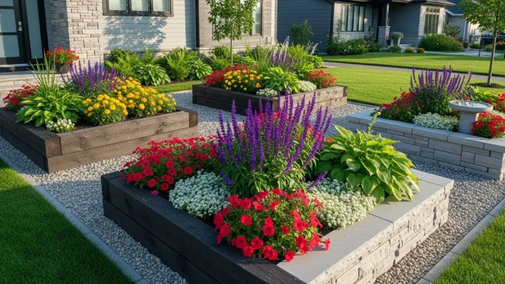 Raised flower beds adding structure to front yard garden
