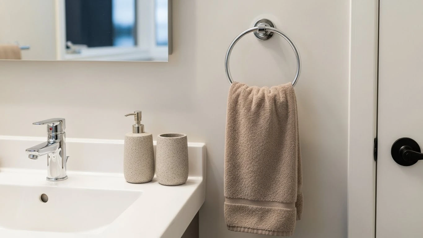 Hand towel hanging on a towel ring next to a guest bathroom sink