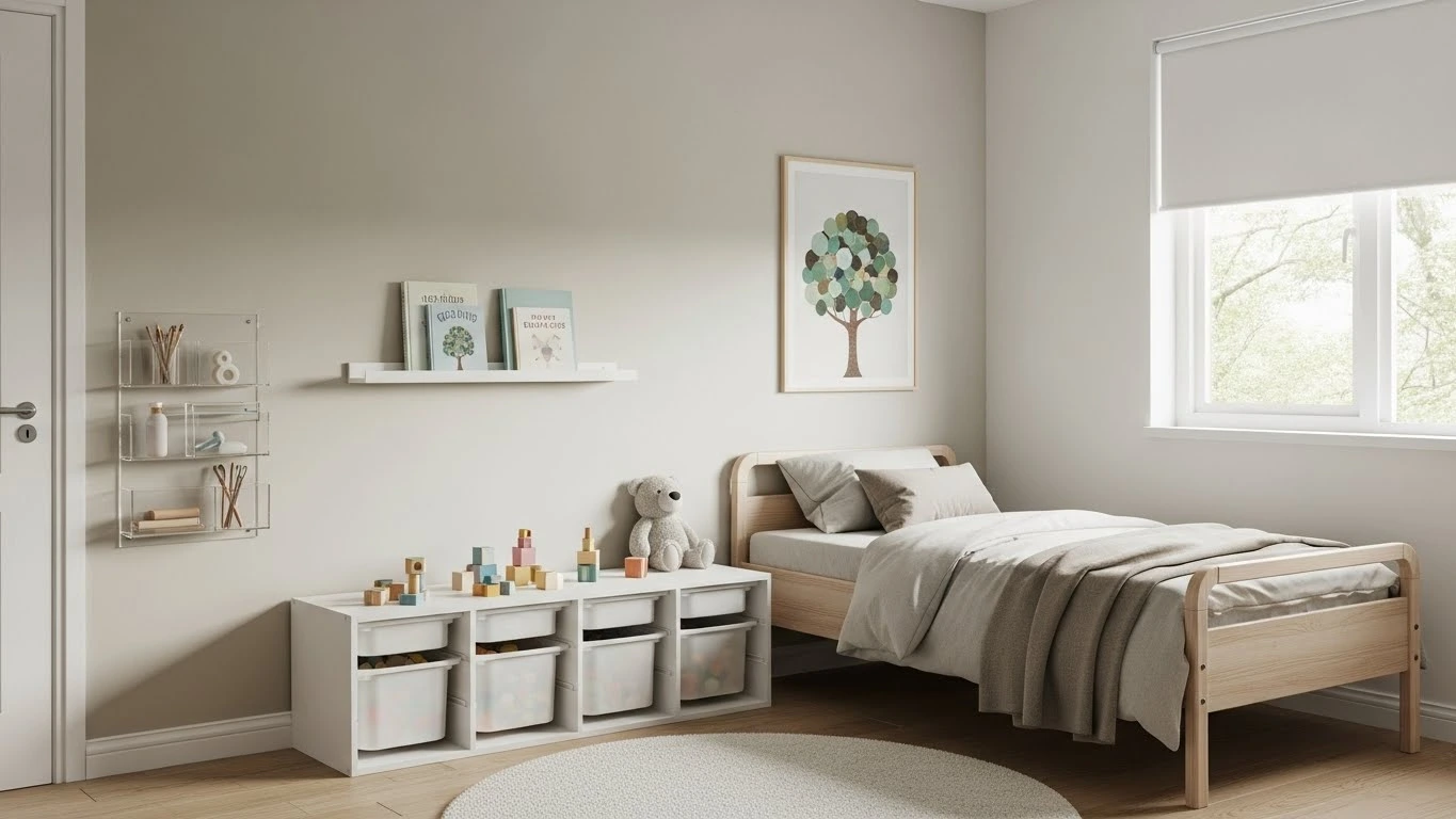 Simple kids bedroom with organized storage and minimal clutter