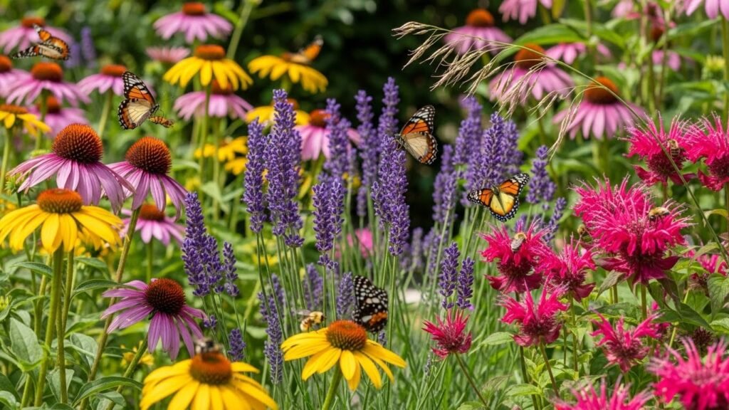 Pollinator-friendly flowers attracting bees and butterflies in front yardPollinator-friendly flowers attracting bees and butterflies in front yard