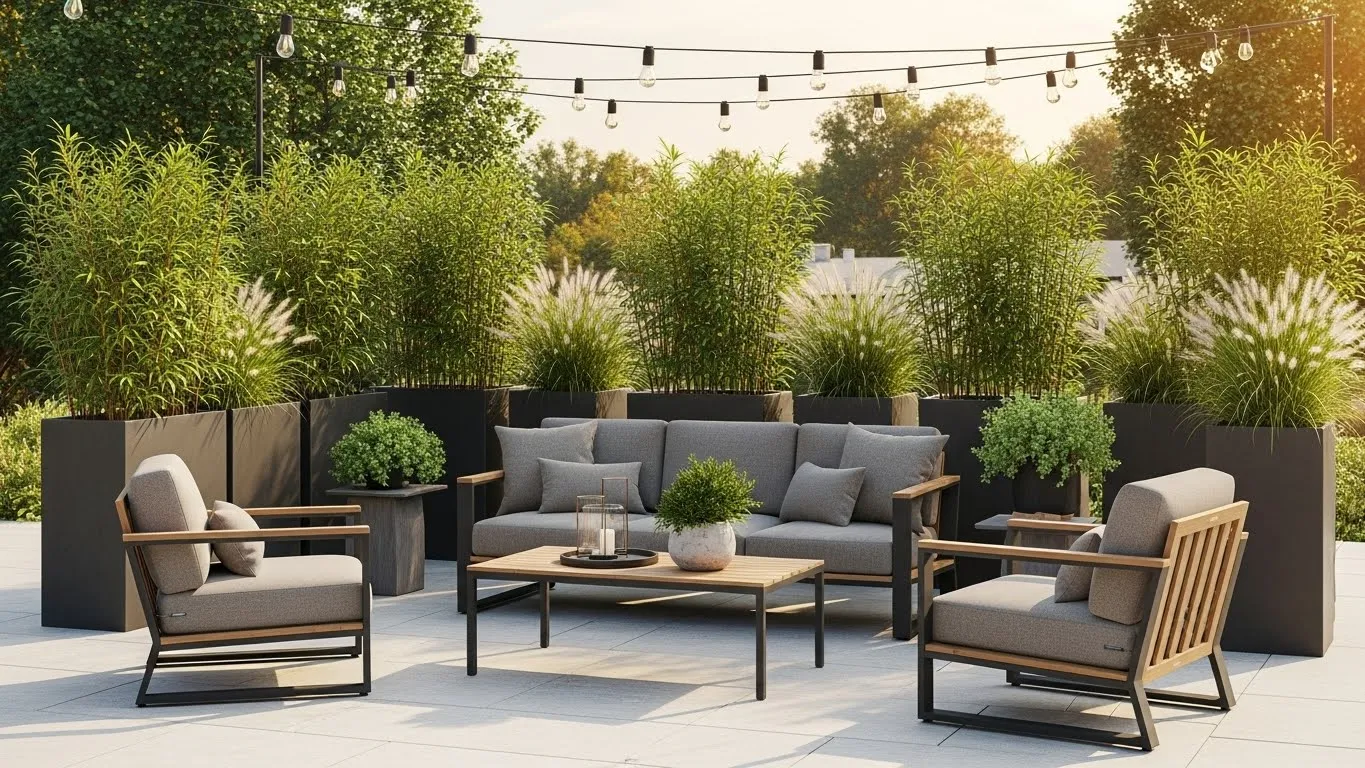 Outdoor patio decorated with statement planters and greenery