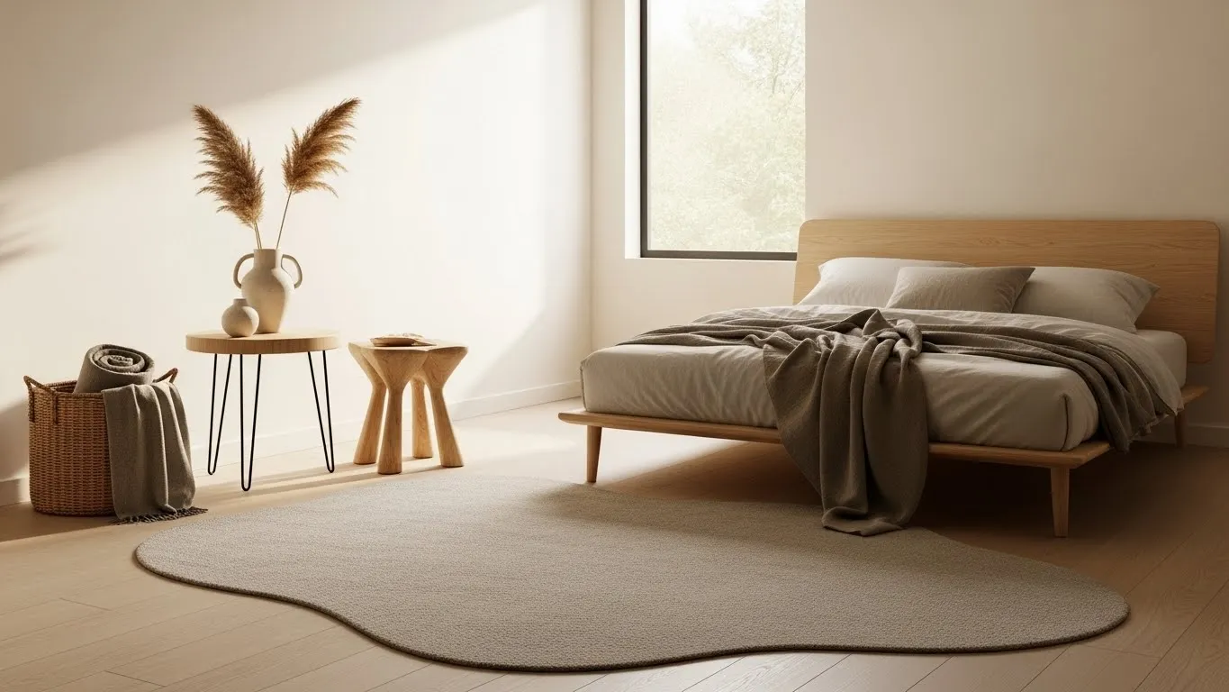 Neutral area rug in organic modern bedroom
