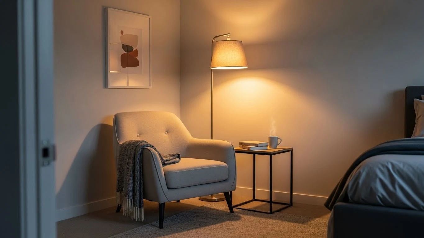 Small bedroom reading corner with an upholstered chair, warm floor lamp, and side table in neutral tones.