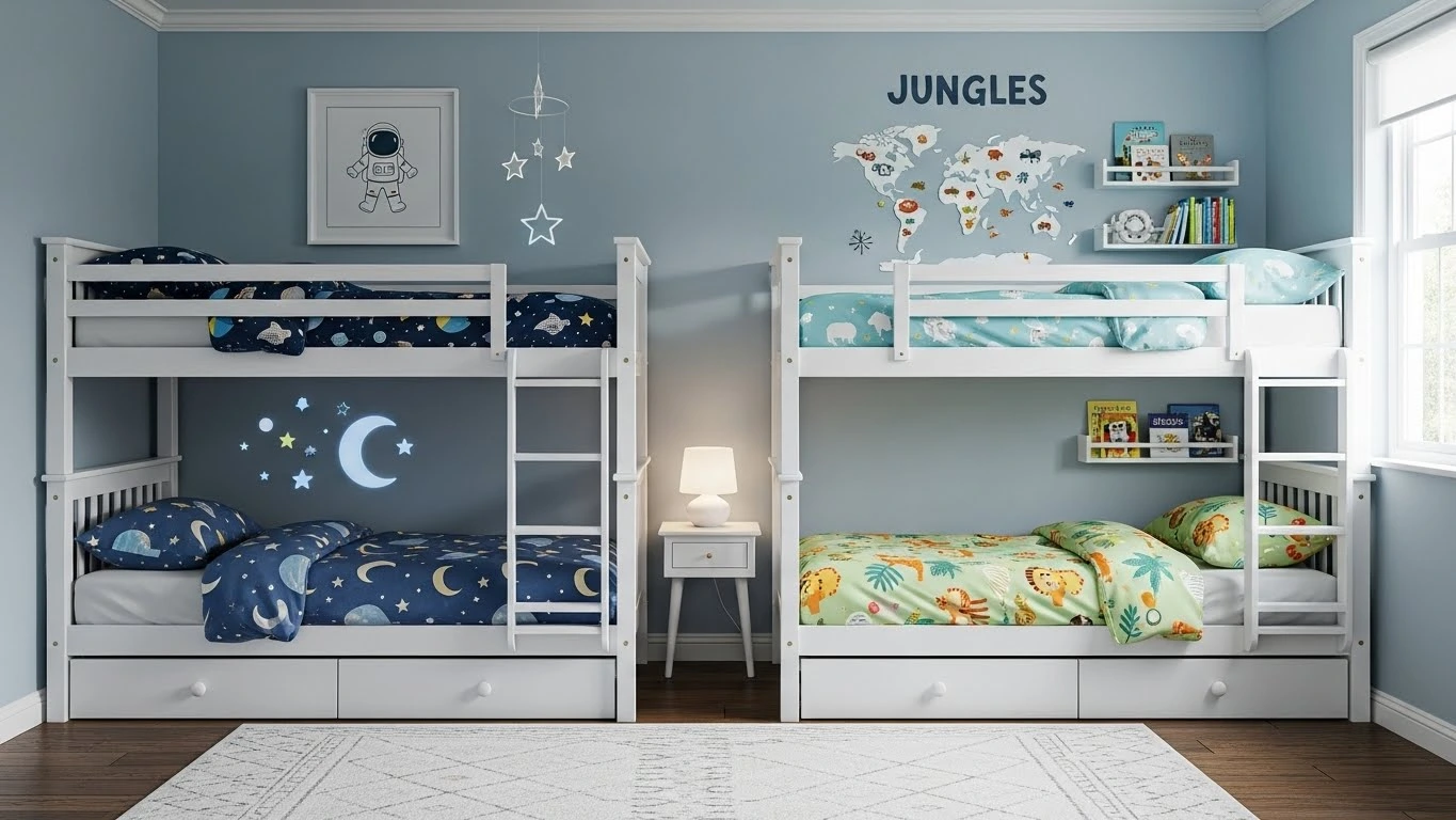 Shared kids room with neutral colors and personalized decor