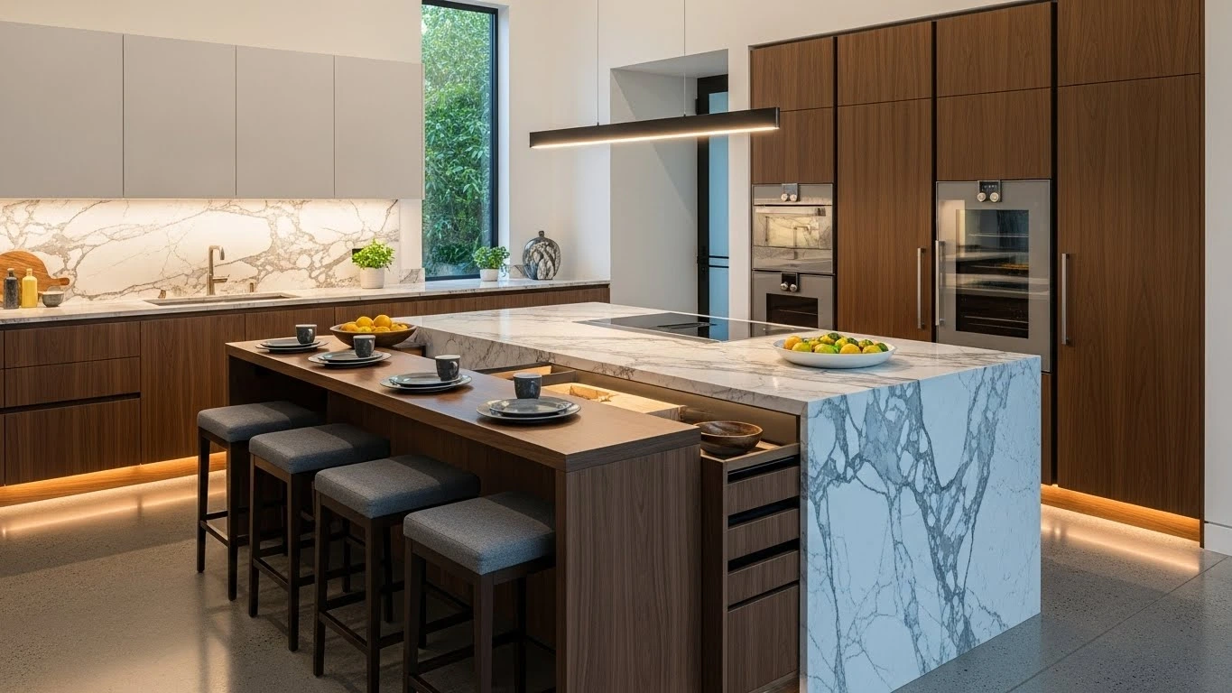 Bold statement kitchen island with waterfall marble countertop and built-in seating in a modern 2026 dream kitchen