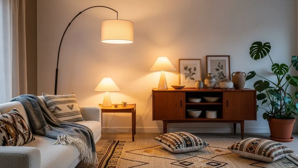 Mid-century modern living room with warm lighting and cozy boho accents