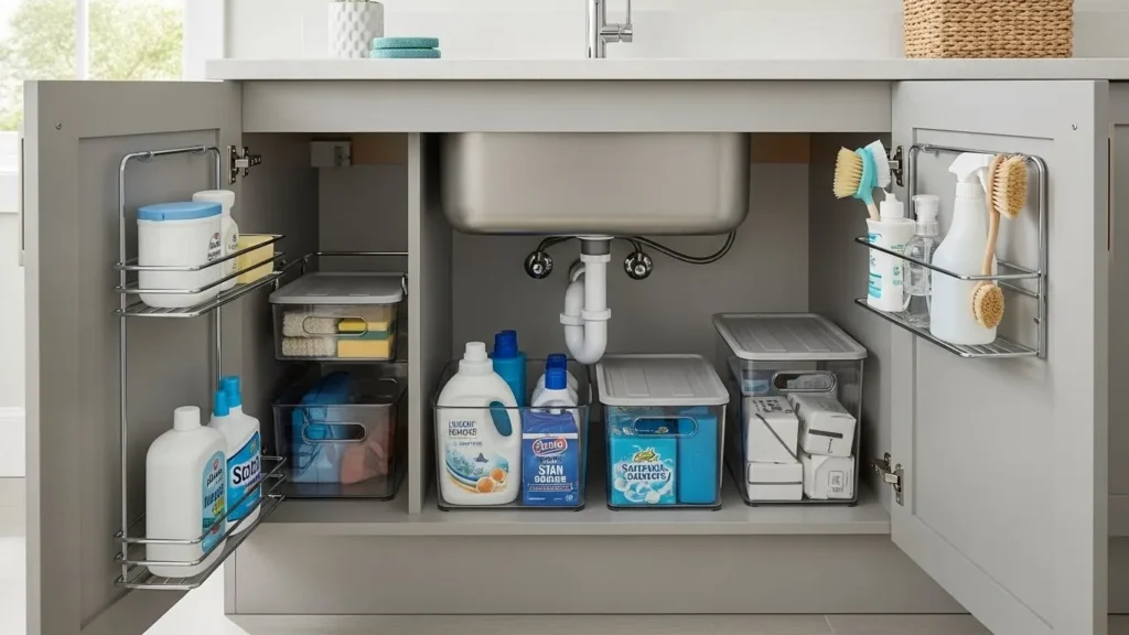 Under-sink storage organizers in a small laundry room