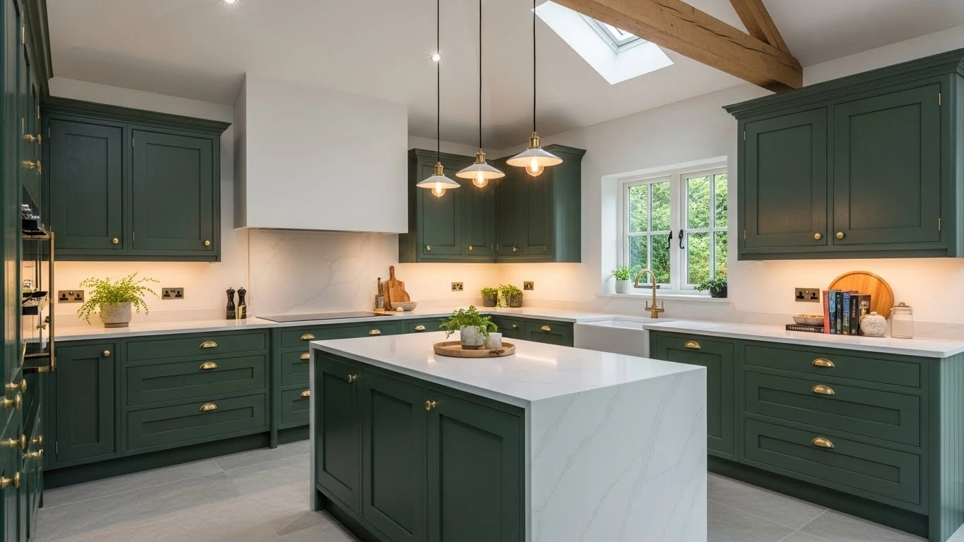 Modern kitchen featuring bold green cabinets that define 2026 kitchen color trends