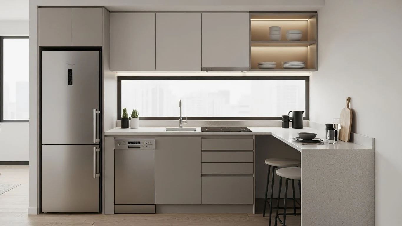 Small kitchen with slim appliances designed to save space without sacrificing style