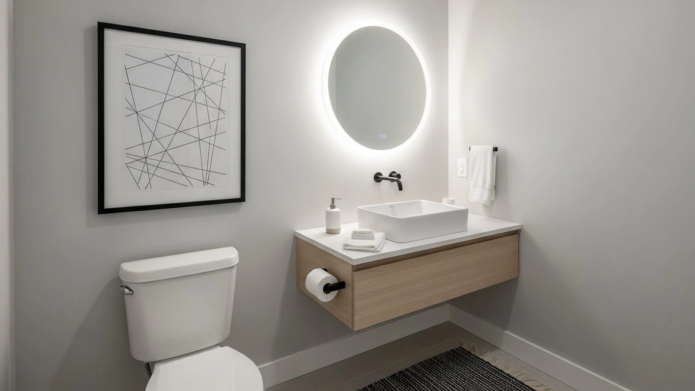 Framed wall art adding personality to a guest bathroom