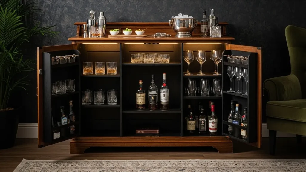 Old cabinet converted into a modern bar console