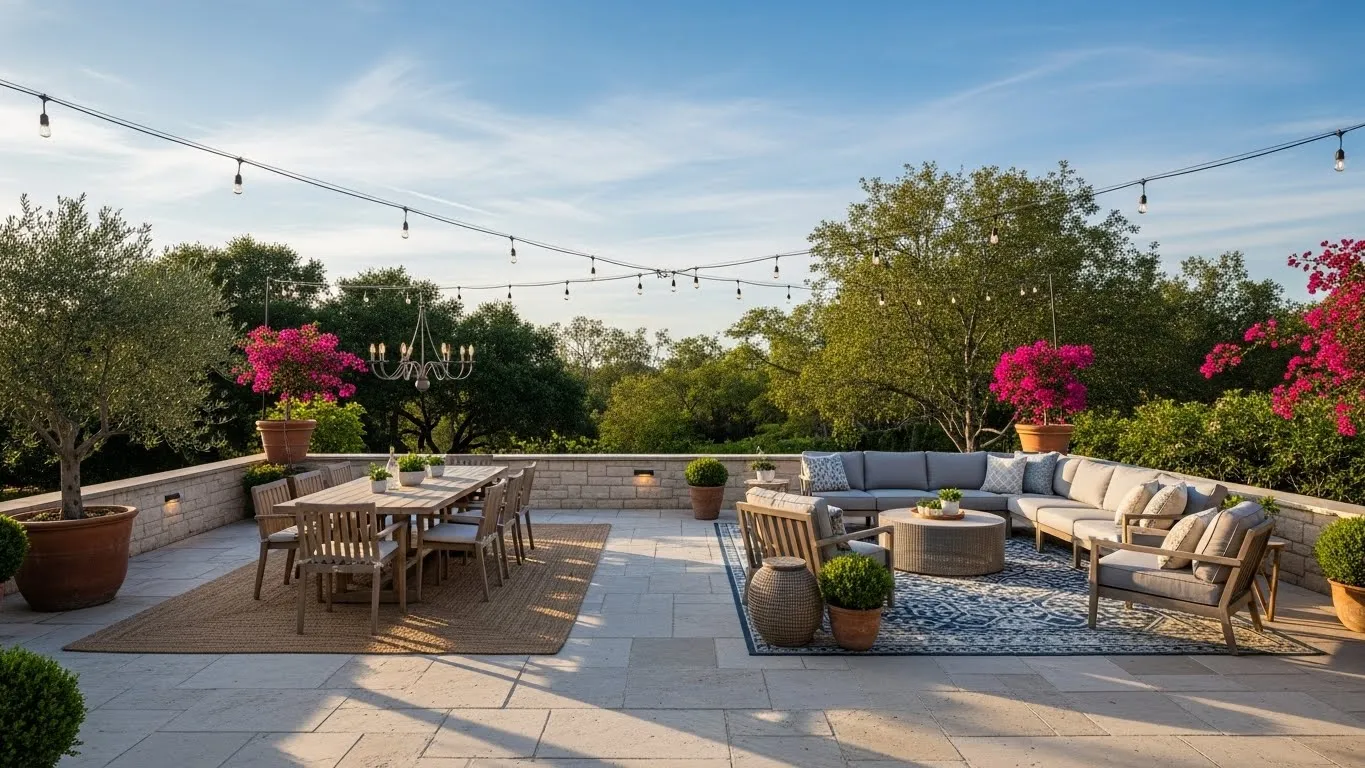 Outdoor patio with designated dining and lounging zones