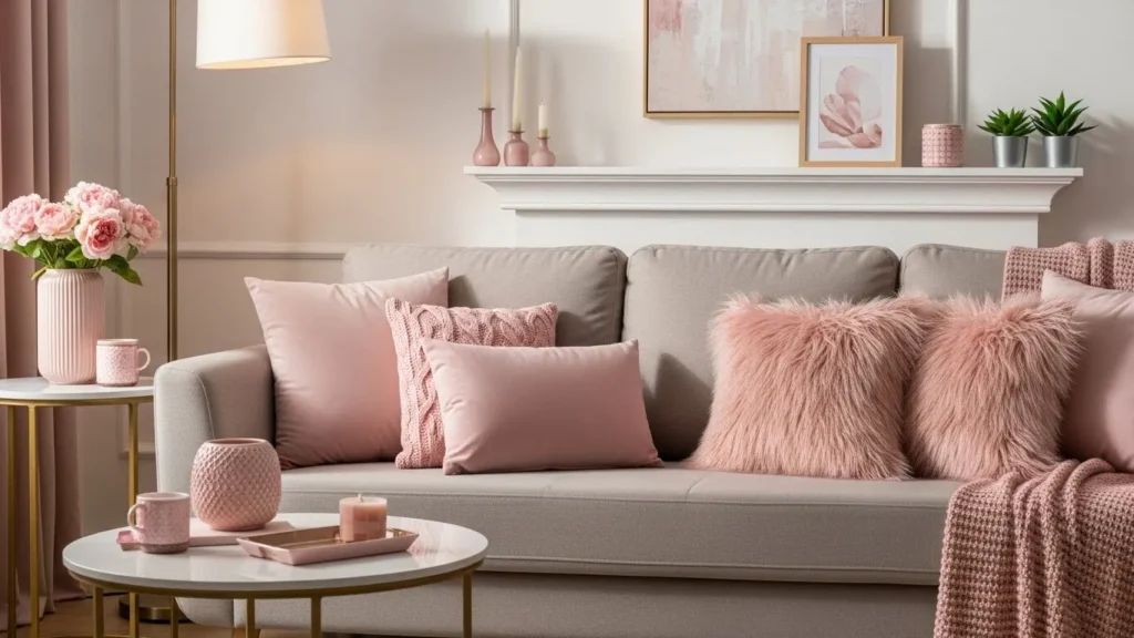 Pink throw pillows adding warmth and style to a neutral living room