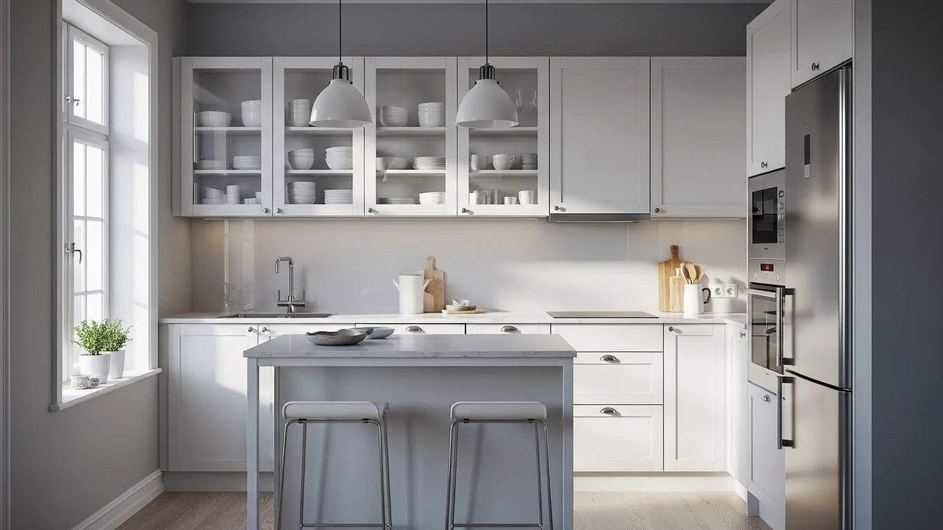 Small kitchen with glass-front cabinets to create a more open feel