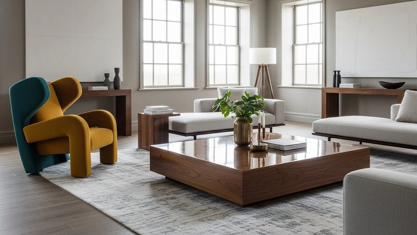 Large accent furniture pieces in a rectangular living room