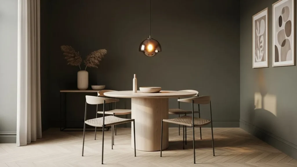 Charcoal olive paint colour adding understated luxury to a small space