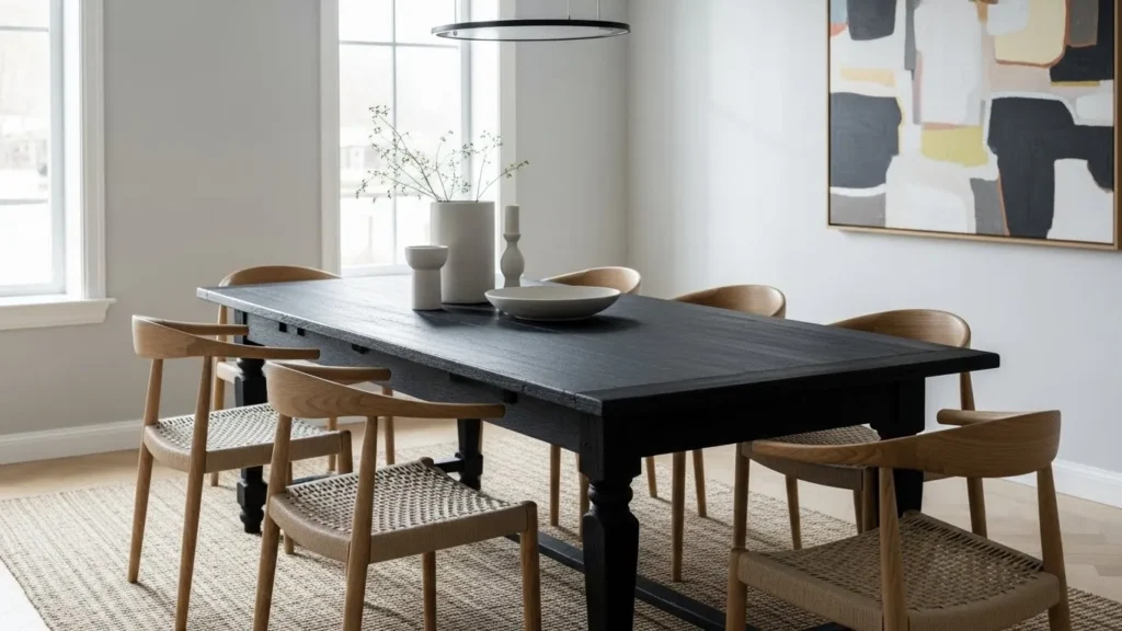 Antique dining table upcycled with matte black modern finish