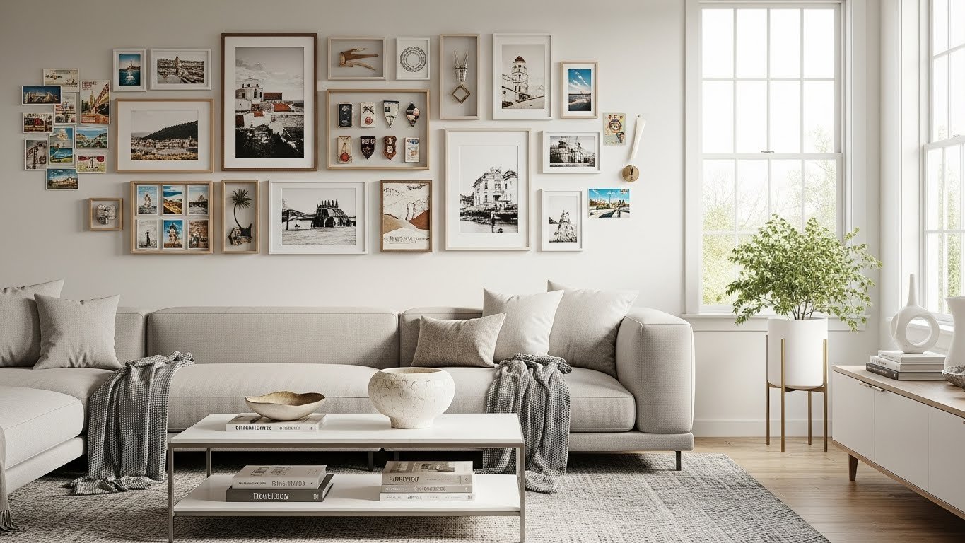 Gallery wall displaying curated travel memories with photos and travel-themed decor.