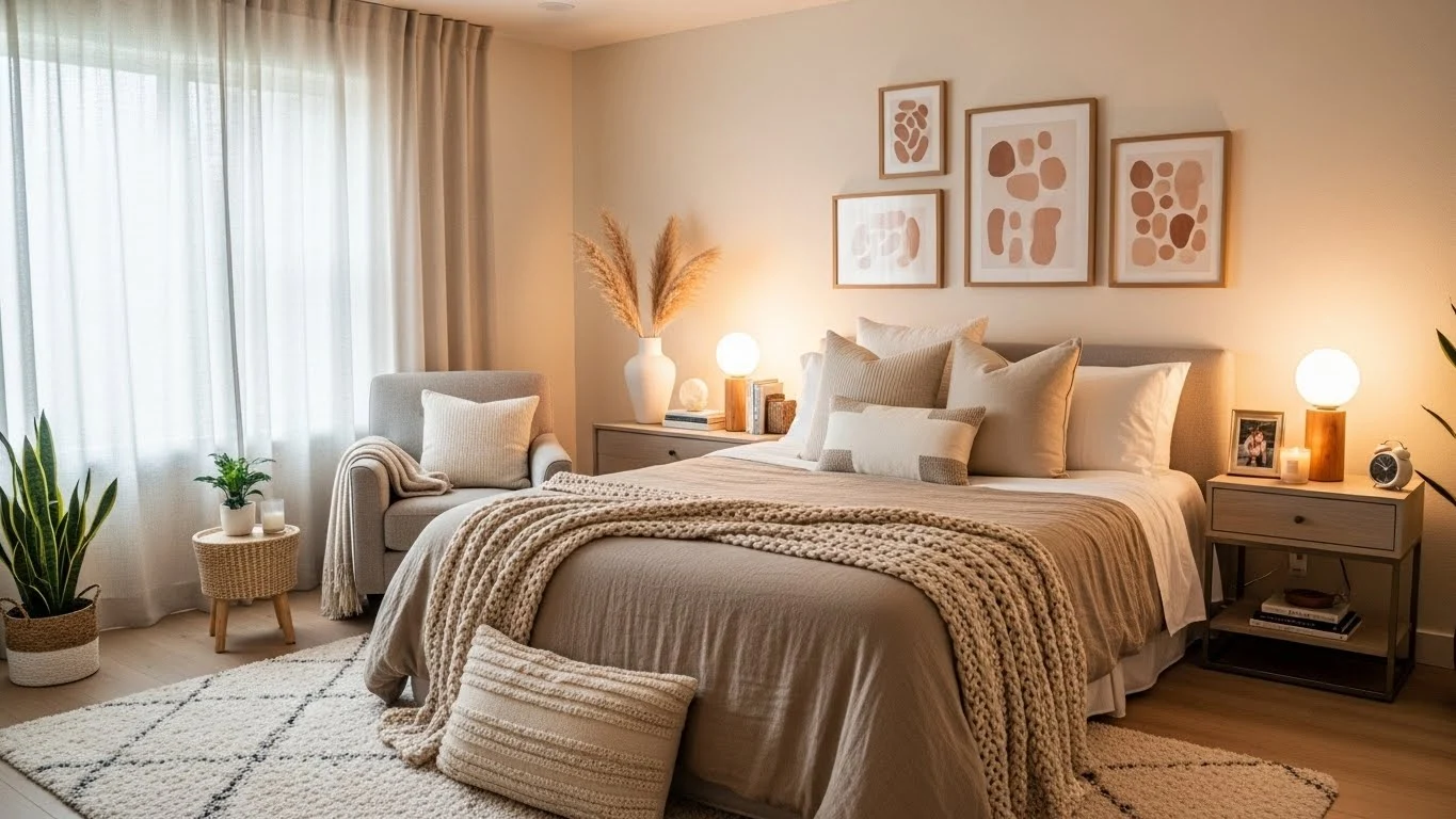 Warm personalized bedroom with layered neutral textures, meaningful decor accents, and a calm, intentional design.