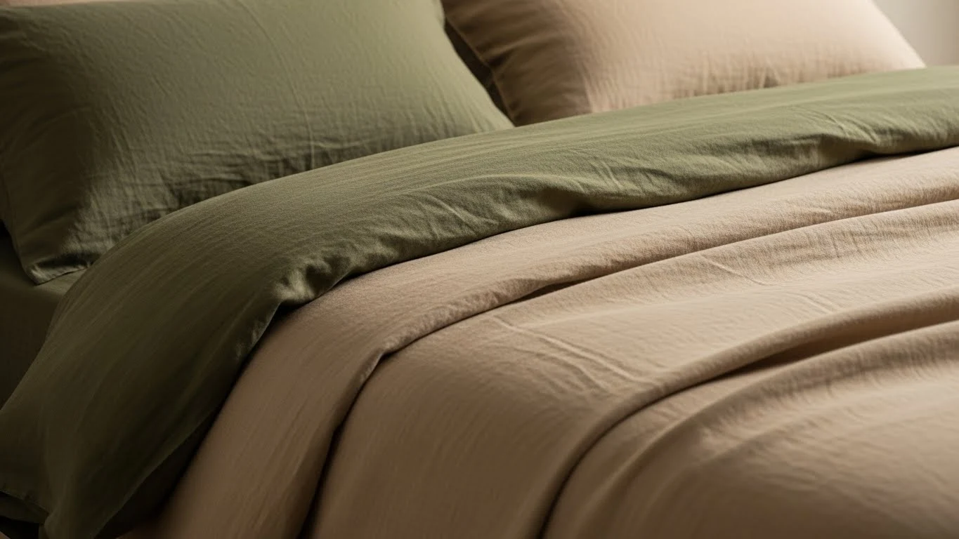 Close-up of layered linen bedding in clay, olive, and warm beige tones with soft folds and cozy texture.