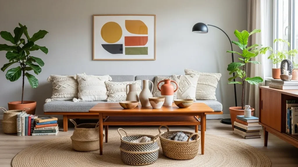 Mid-century modern living room with handmade decor and vintage boho accents