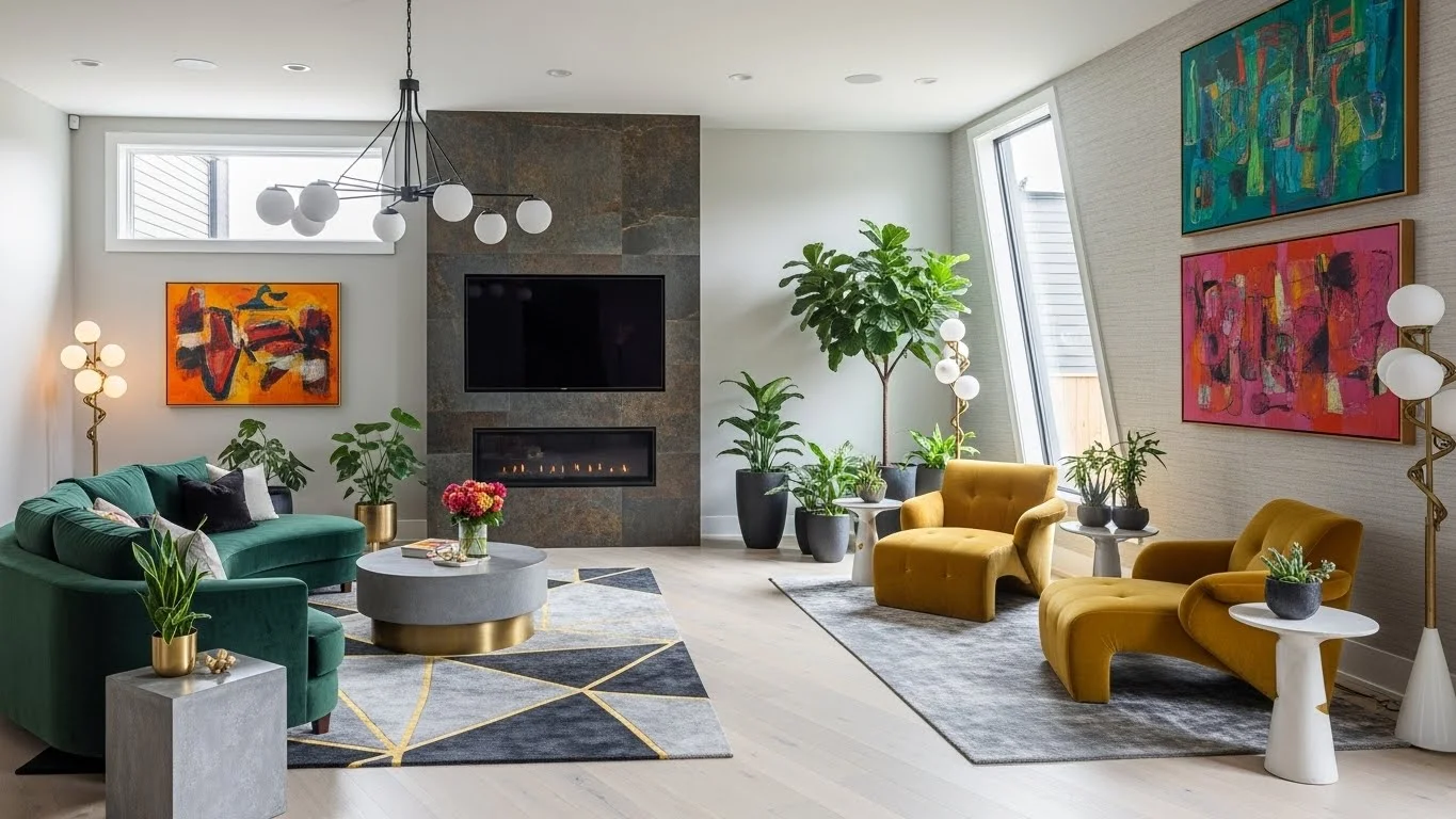 Creative rectangular living room layout with fireplace and TV