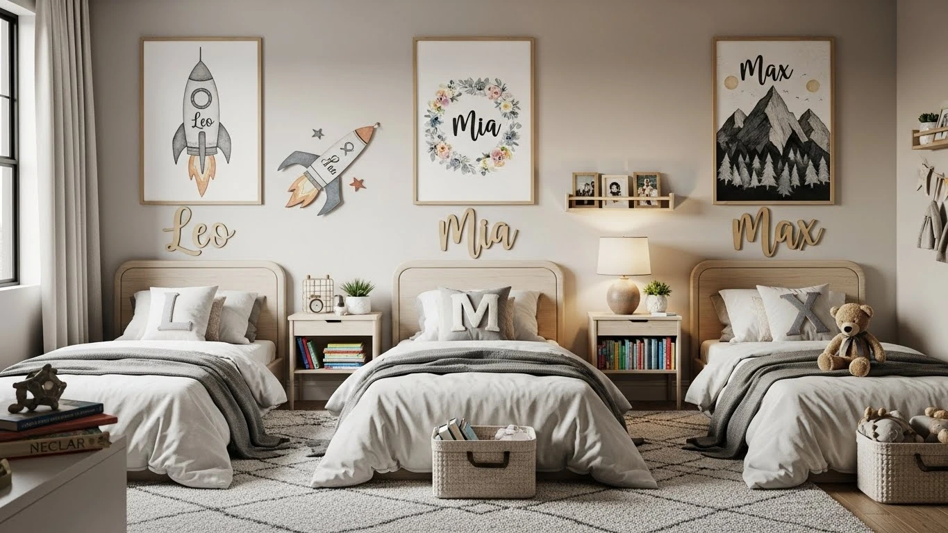 Kids bedroom with name signs and personalized decor elements