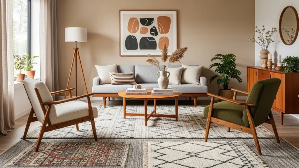 Mid-century modern living room with neutral rug and boho layering