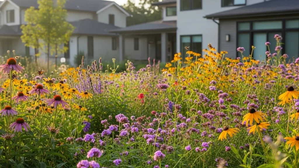 Native flower garden in front yard with pollinator-friendly plants