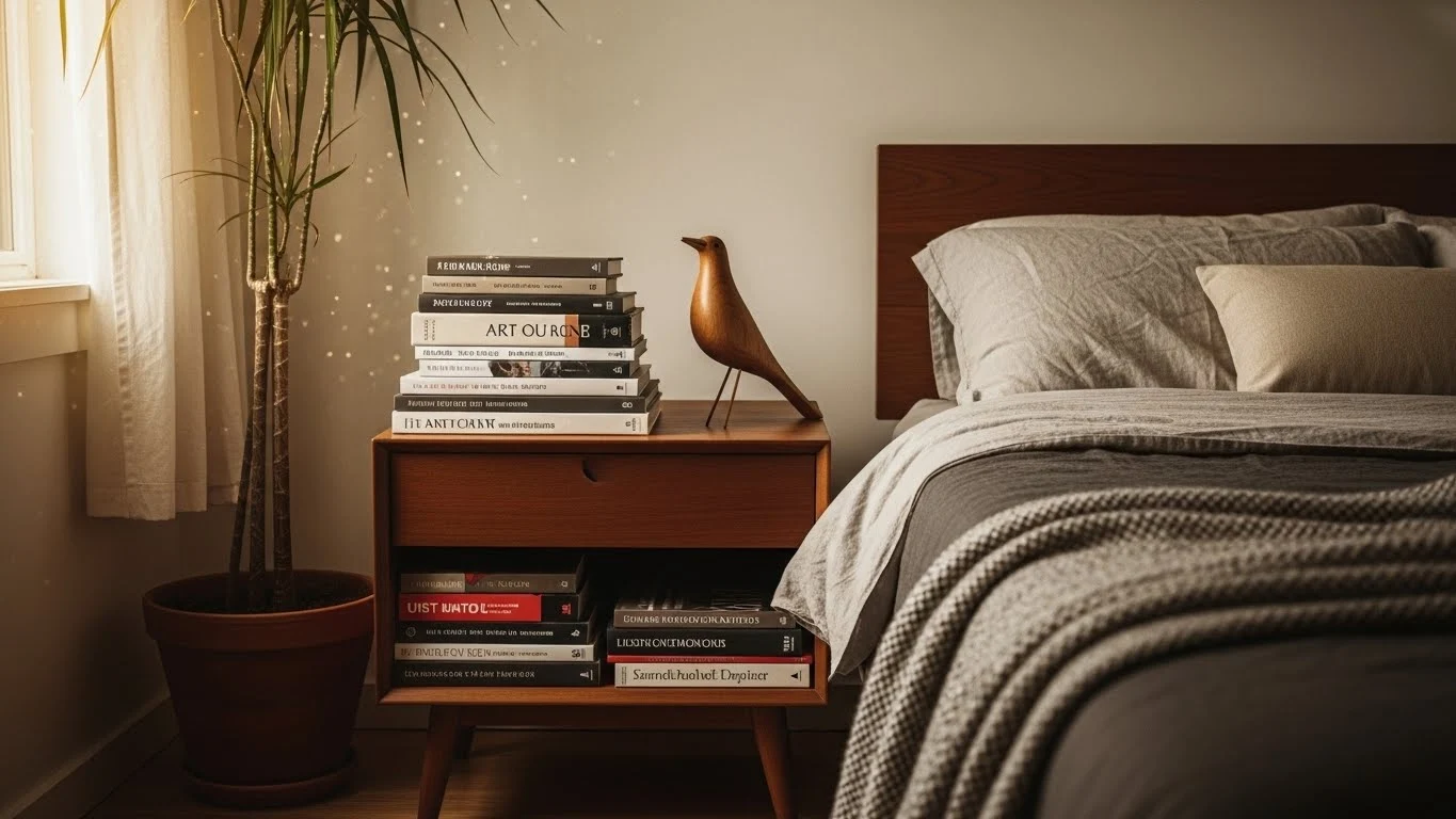 Bedroom styled with curated personal items like stacked books and a draped throw for a relaxed yet intentional lived-in look.