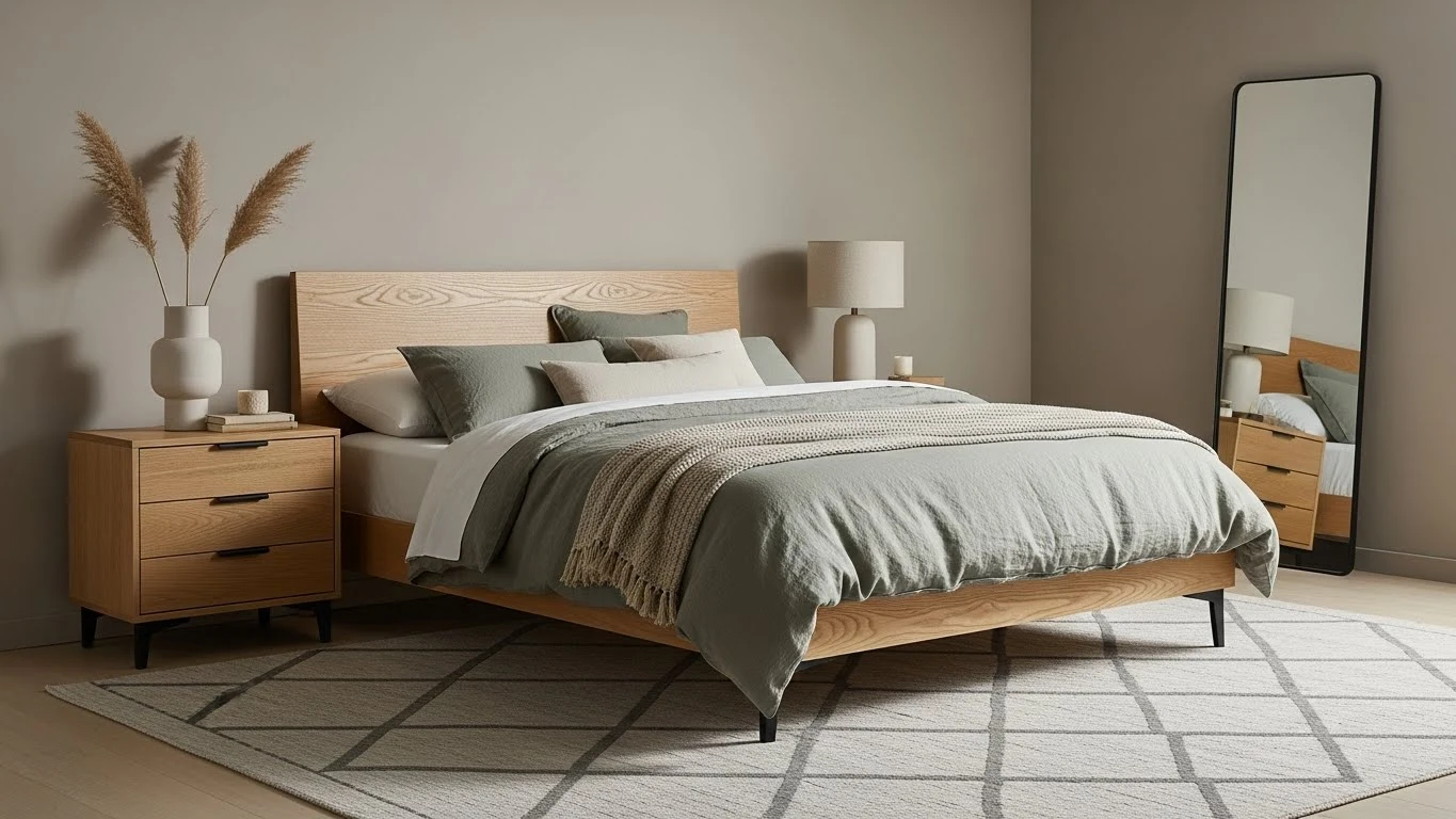 Modern bedroom showcasing matte finishes on furniture, walls, and hardware for a soft, calming aesthetic.