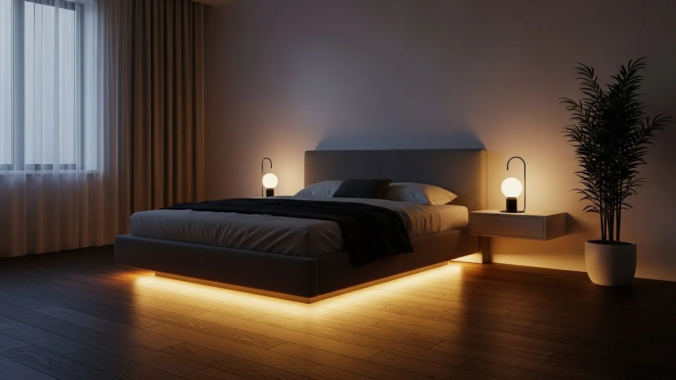 LED strip lighting under the bed for subtle ambient bedroom lighting