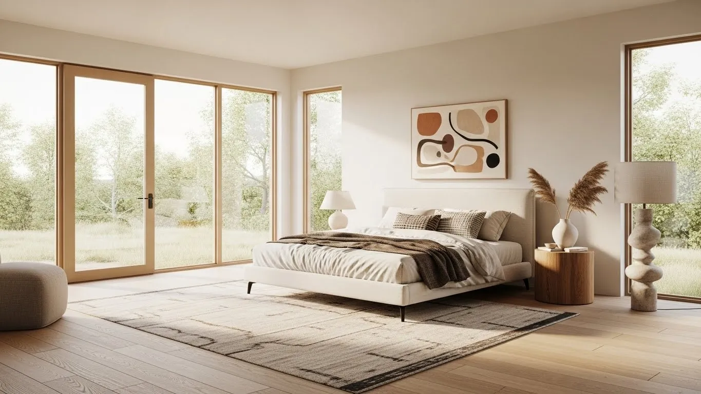 Minimal open space bedroom with organic modern design