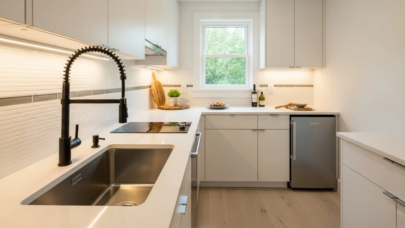 Small kitchen with a deep single-bowl sink to save counter space