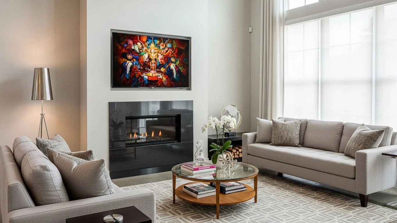 TV disguised as art in a living room with fireplace