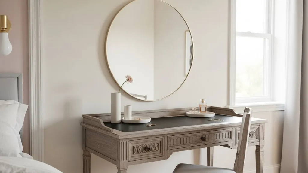 Upcycled vintage desk converted into a modern vanity table