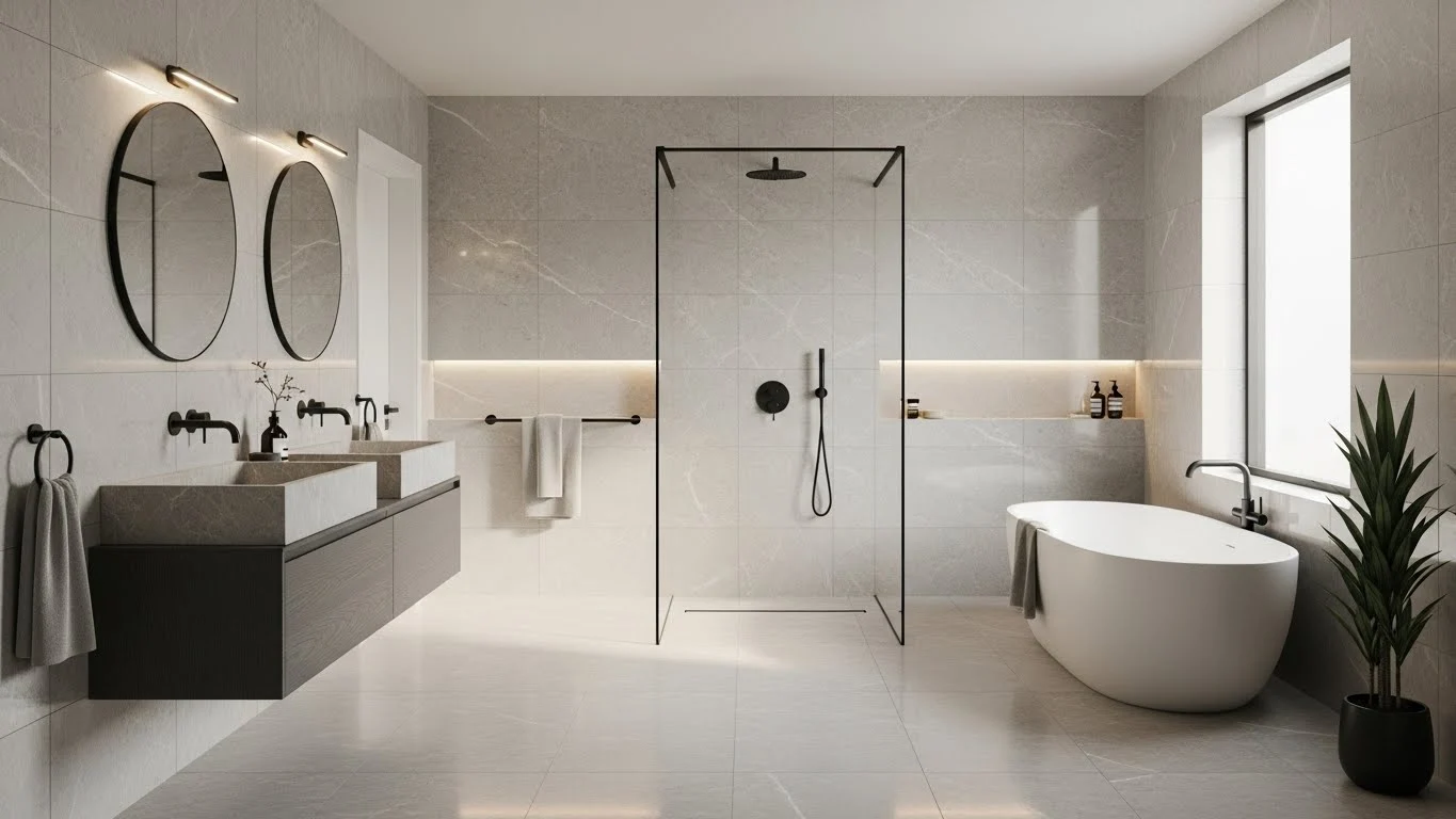 Frameless glass walk-in shower in a modern luxury bathroom