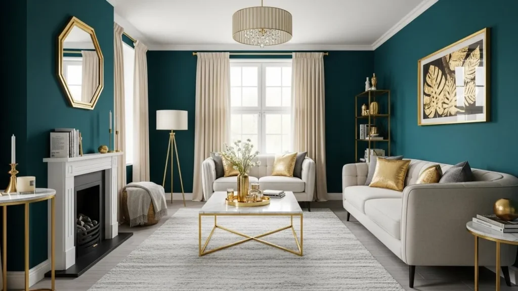 Dark teal wall paint making a small room feel elegant and spacious