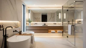 Modern luxury bathroom design with a freestanding bathtub, marble tiles, floating wood vanity, and frameless glass shower